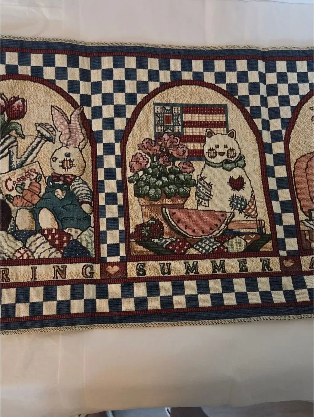 Primitive Country Folk Art Tapestry Table Runner 4 Seasons Cottagecore Americana